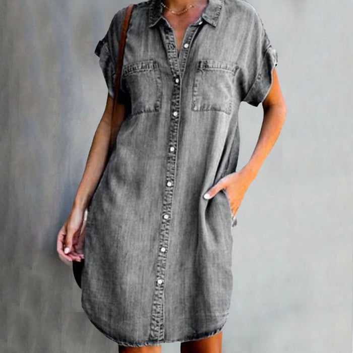 Denim Shirt Jurk - klassieke shirtkraag en relaxte, soepel vallende schouders - knielengte - huishoudmeester