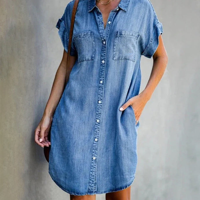 Denim Shirt Jurk - klassieke shirtkraag en relaxte, soepel vallende schouders - knielengte - huishoudmeester