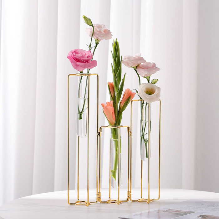 Metaal Buizen Bloemenvaas -  minimalistische, elegante glazen buizen met een verfijnd metalen frame - huishoudmeester