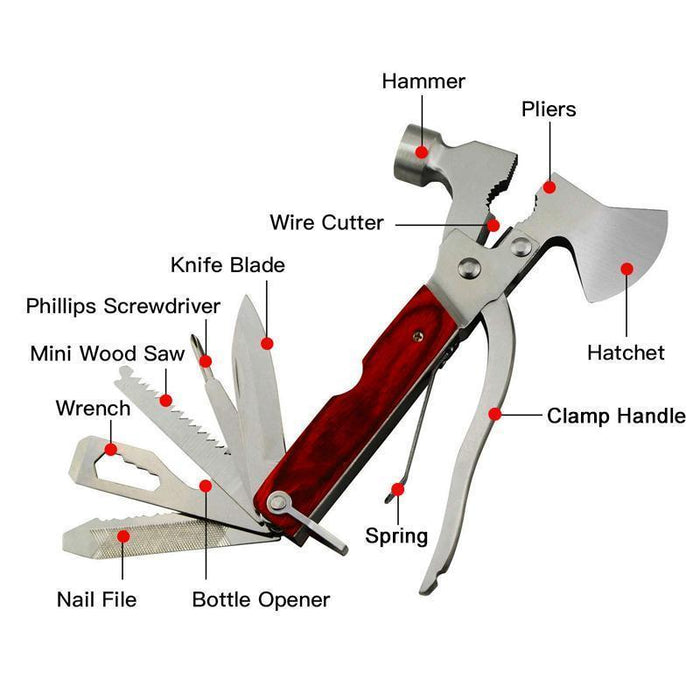 Ultimate Survival Multi-Tool Axe™ - combineert een hoogwaardige bijl, mes, tang en meer - duurzaam roestvrij staal en hout - huishoudmeester