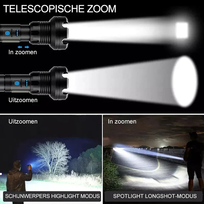 Premium tactische zaklamp - uitzonderlijke helderheid en functionaliteit - Adaptieve Zoomfunctie - huishoudmeester