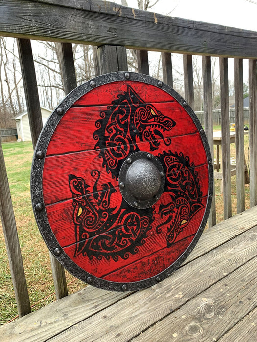 Authentiek Viking Schild - versierd met gedetailleerd leer en metalen accenten - inclusief leren handvat - huishoudmeester