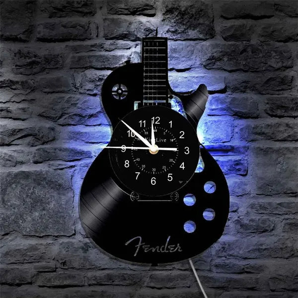 Gitaar Vinyl Platen Wandklok - diameter 30cm - met/zonder LED verlichting - huishoudmeester