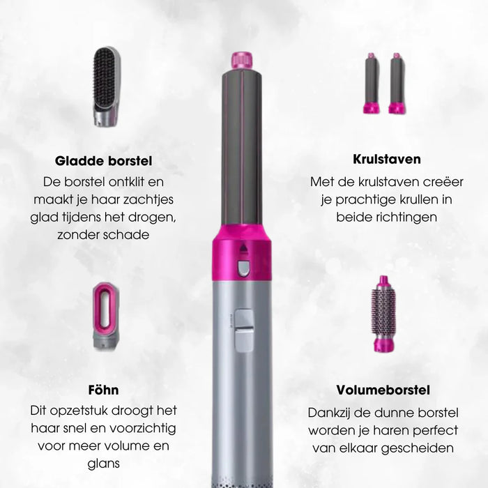 5-in-1 Haarstijler - rechts- en linksdraaiende opzetstukken - Föhn, borstel, krul - alles in één - werkt met elk haartype of -kleur - huishoudmeester