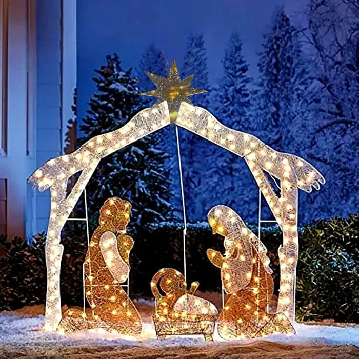 Warm Witte LED Kerststal Decoratie - 70 LED lampjes - weerbestendig - inclusief grondpennen en touwen voor stabiliteit - huishoudmeester