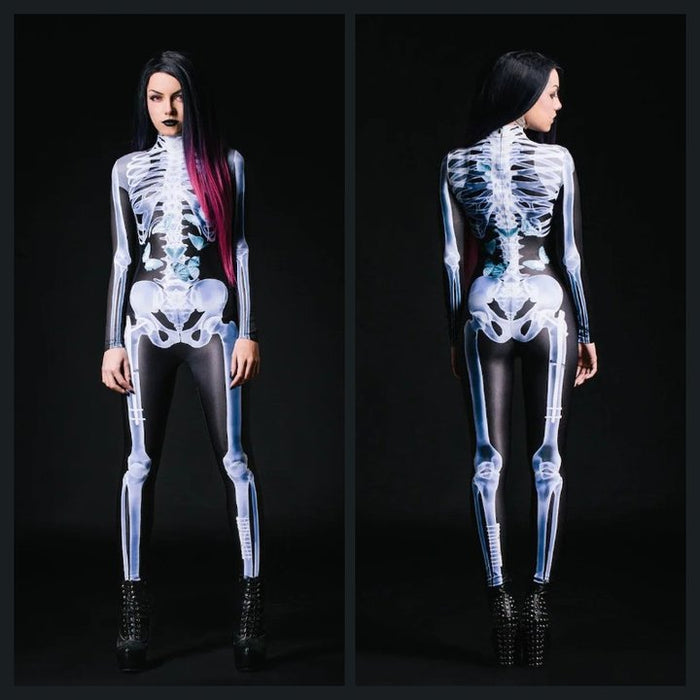 Bodysuit - flatterend silhouet - gedetailleerde skeletprint - hoogwaardige Italiaanse Lycra-stof en handige verborgen rits - Halloween - huishoudmeester