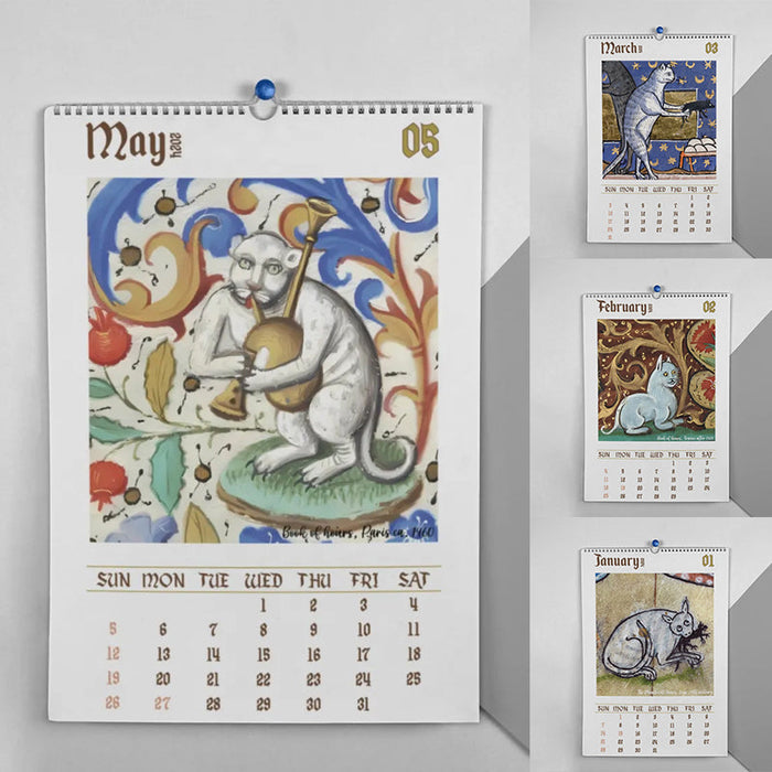 Middeleeuwse kattenkalender 2024 - boeiende illustraties - gedetailleerde kunstwerken - huishoudmeester