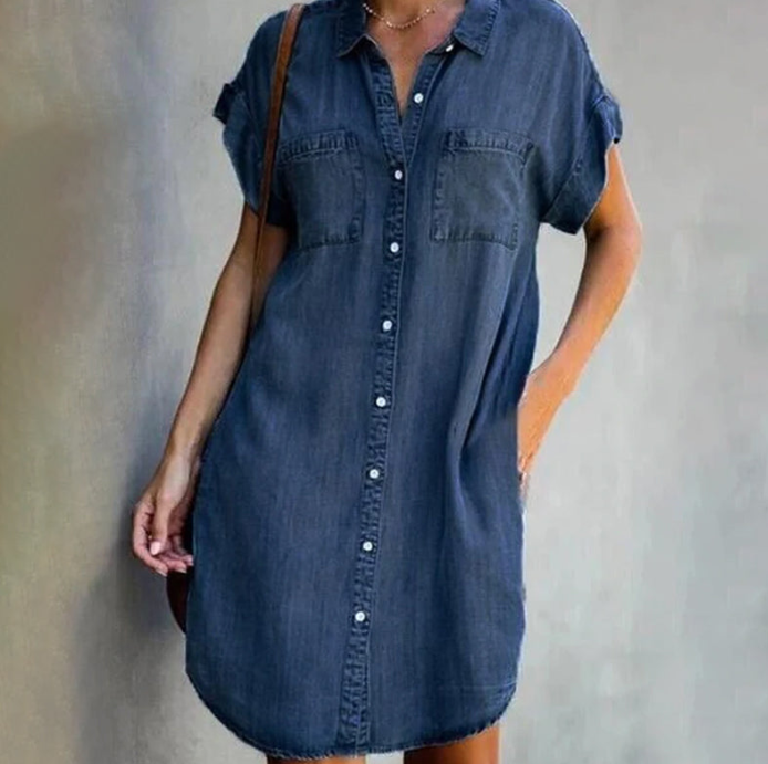 Denim Shirt Jurk - klassieke shirtkraag en relaxte, soepel vallende schouders - knielengte - huishoudmeester