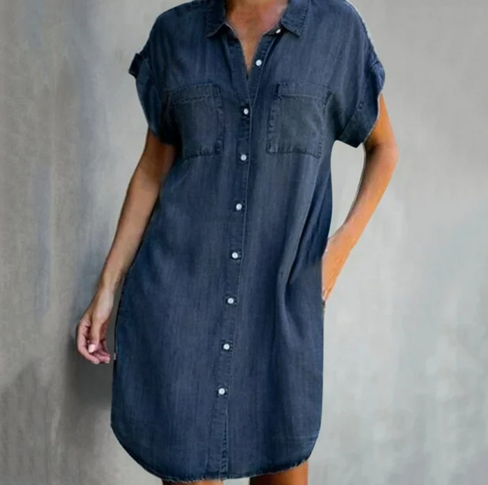 Denim Shirt Jurk - klassieke shirtkraag en relaxte, soepel vallende schouders - knielengte - huishoudmeester