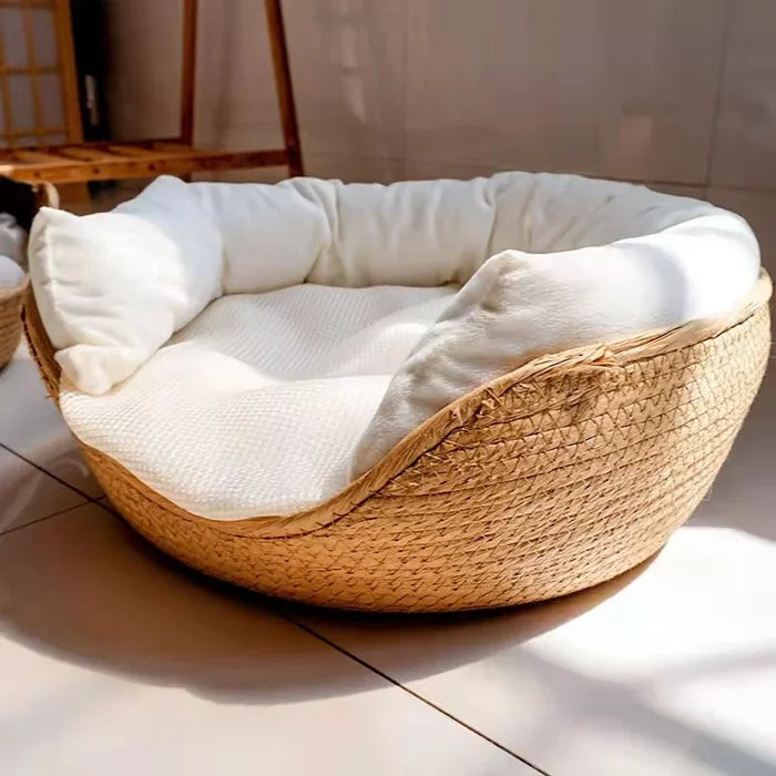 Seizoensgebonden Comfortabel Rattan Huisdierbed - Handgemaakt van duurzaam rattan en stro - natuurlijk en elegant - huishoudmeester