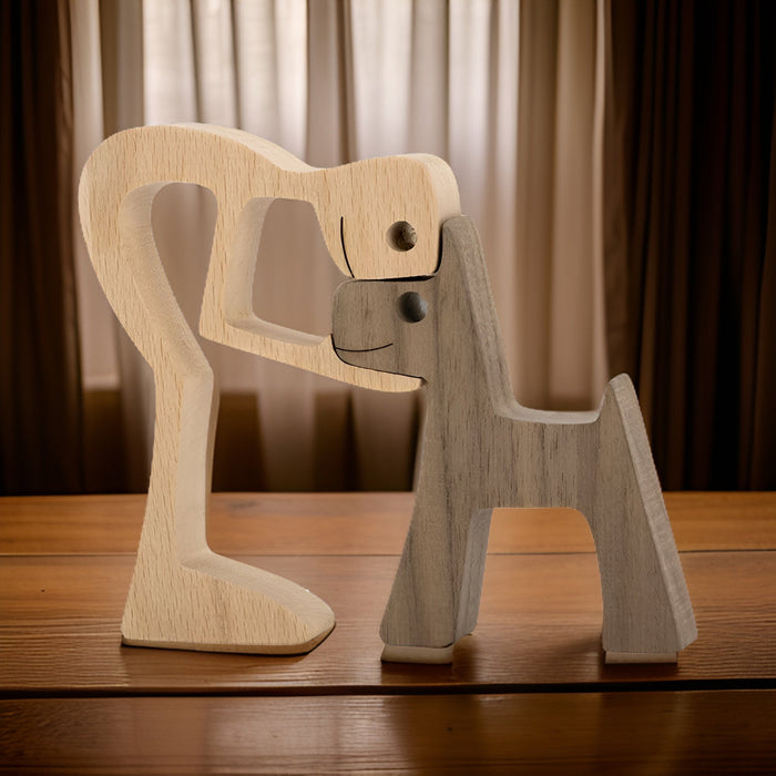 Handgemaakte houten sculptuur van hond en mens - Paws of Love - Symbool van de eeuwige band - vriendschap