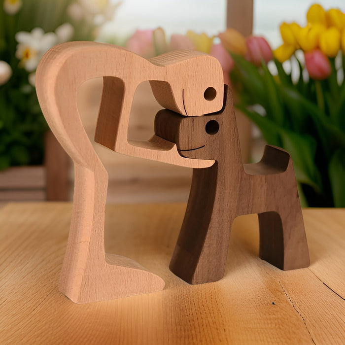 Handgemaakte houten sculptuur van hond en mens - Paws of Love - Symbool van de eeuwige band - vriendschap