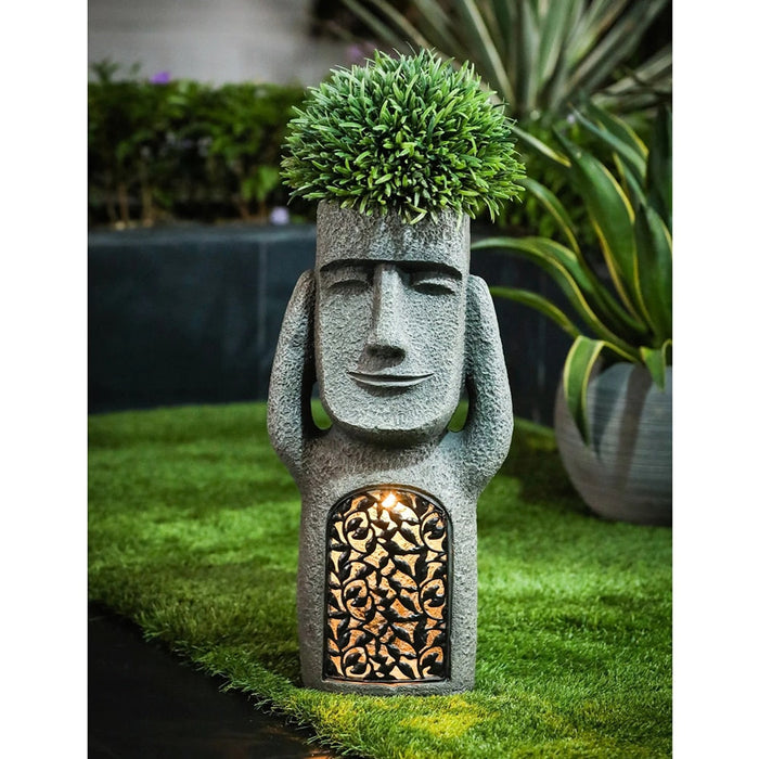 Zie Hoor Spreek Geen Kwaad bloempotbeeld met LED op zonne-energie - Huishoudmeester - sculptuur - 25 x 9,5 x 7cm