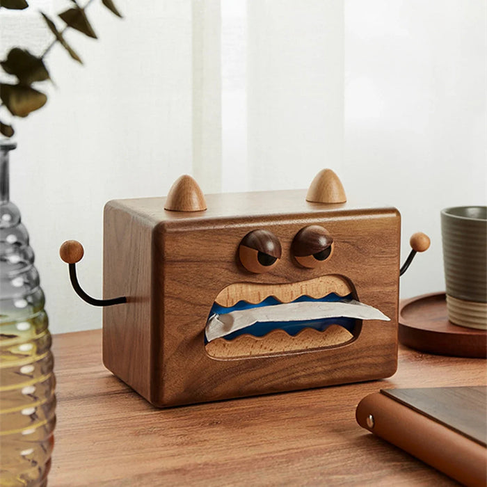 Houten Monster Tissuedoos - premium walnoothout - stijlvolle en duurzame oplossing om tissues binnen handbereik te houden - huishoudmeester