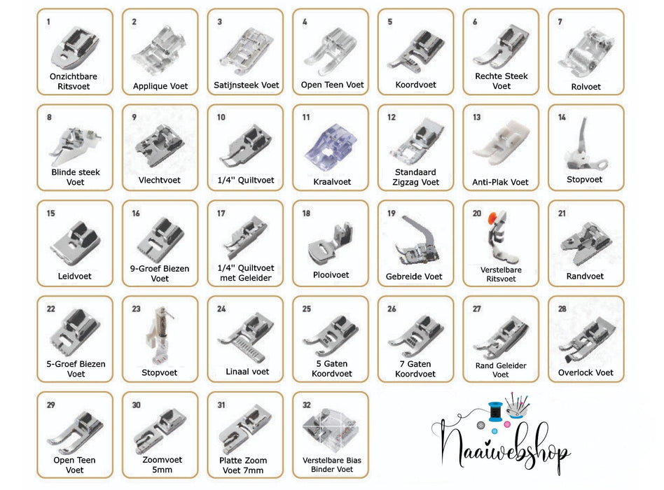 32-delige Naaivoetenset - gebruiksvriendelijk voor alle niveaus - bereik professionele resultaten - huishoudmeester