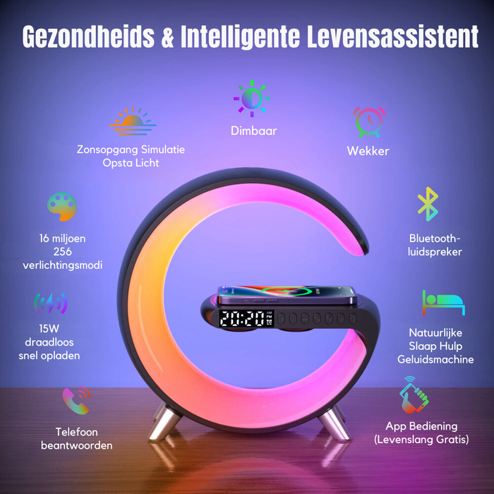 4-in-1 Slimme Wekker & Oplaadstation - RGB-licht, Bluetooth-speaker, draadloze oplader en wekker in één stijlvol apparaat - huishoudmeester