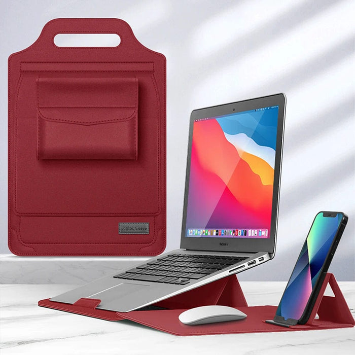 Multifunctionele Laptopcase - verandert moeiteloos van een chique laptop sleeve in een verstelbare standaard voor laptop en telefoon - huishoudmeester