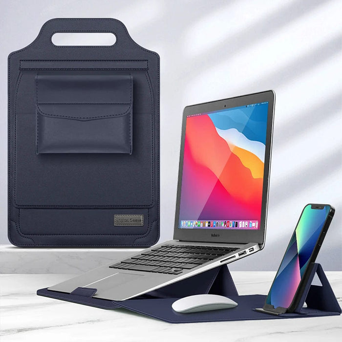 Multifunctionele Laptopcase - verandert moeiteloos van een chique laptop sleeve in een verstelbare standaard voor laptop en telefoon - huishoudmeester