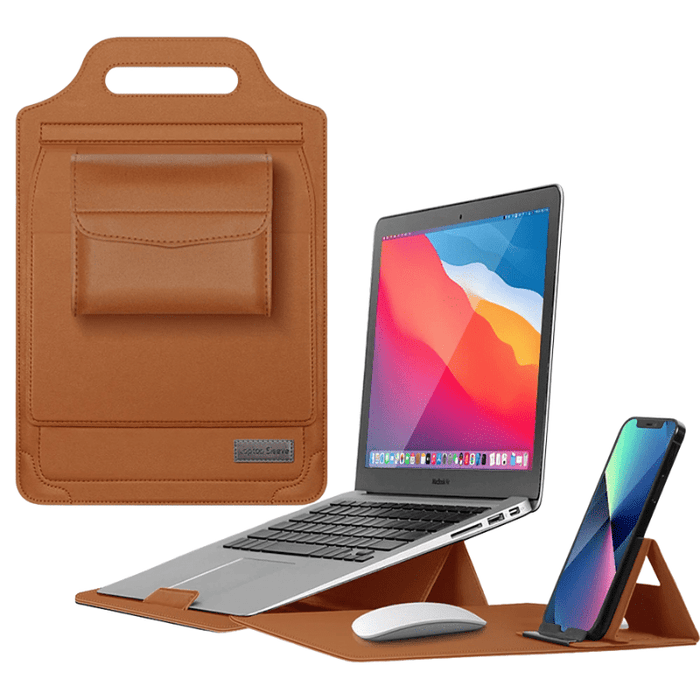 Multifunctionele Laptopcase - verandert moeiteloos van een chique laptop sleeve in een verstelbare standaard voor laptop en telefoon - huishoudmeester