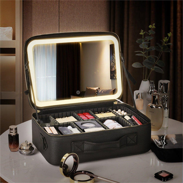 Reismakeup Organizer - ingebouwde LED-spiegel met instelbare verlichting - royale opbergruimte - huishoudmeester