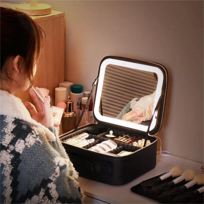 Reismakeup Organizer - ingebouwde LED-spiegel met instelbare verlichting - royale opbergruimte - huishoudmeester