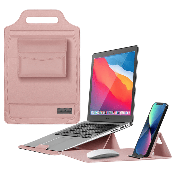 Multifunctionele Laptopcase - verandert moeiteloos van een chique laptop sleeve in een verstelbare standaard voor laptop en telefoon - huishoudmeester